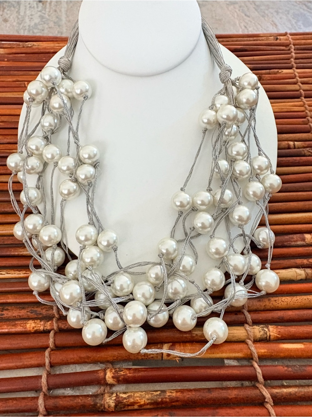 Layered White Faux Pearl Necklace with Silver Cords 22”-25”